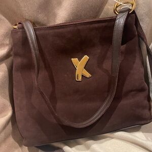 Chic Brown Suede Shoulder Bag with Gold Accent